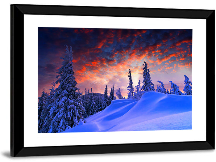 Snow-covered Mountain Sunset Wall Art as a framed print