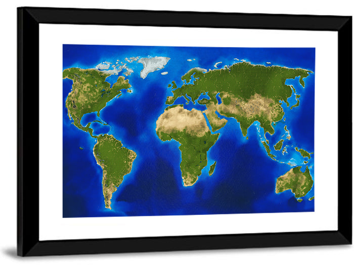 Satellite-style Blue World Map Wall Art as a framed print
