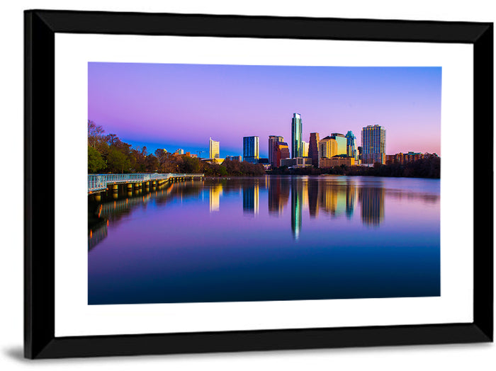 Austin Skyline Reflection at Twilight Wall Art as a framed print