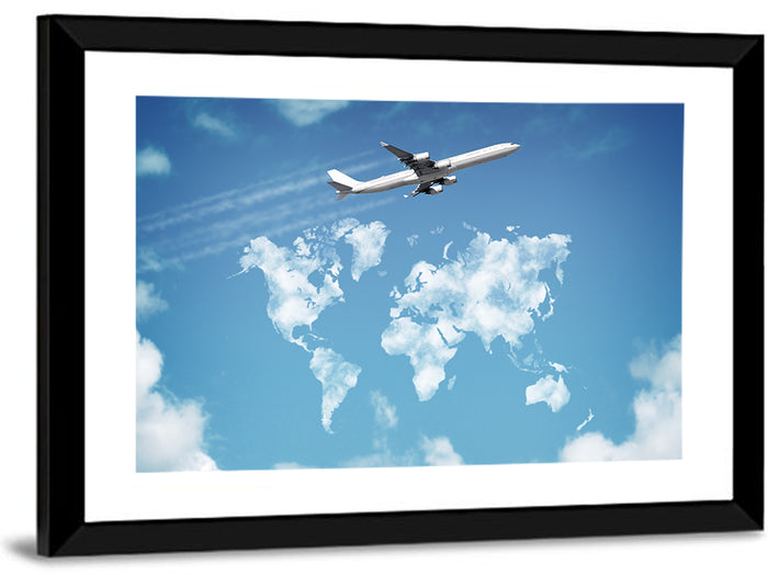 Jet Over Cloud World Map Wall Art as a framed print