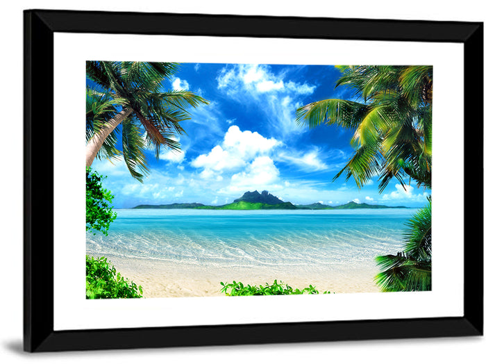 Palm-framed Tropical Island Beach Wall Art as a framed print