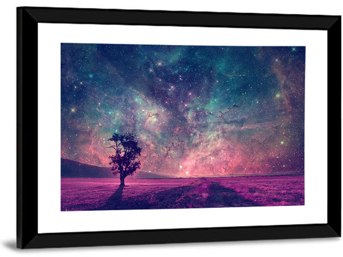 Lone Tree Under Nebula Sky Wall Art as a framed print