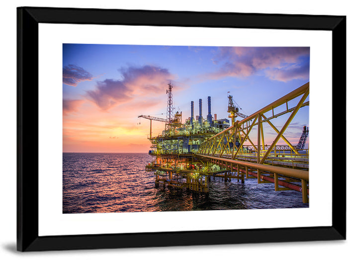 Golden Hour Offshore Oil Rig Wall Art as a framed print