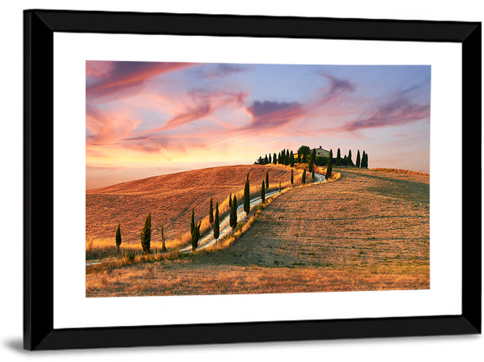 Tuscan Hilltop Road at Dusk Wall Art as a framed print
