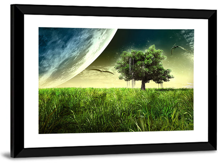 Alien Meadow Under a Giant Planet Wall Art as a framed print