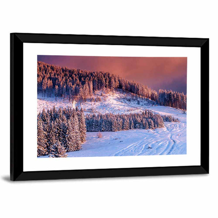 Idyllic Winter Mountain Sunset Wall Art as a framed print