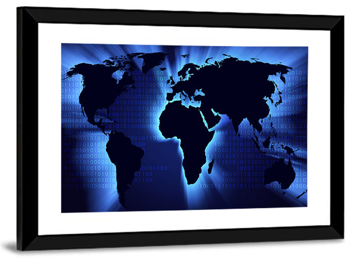 Glowing Digital World Map Wall Art as a framed print