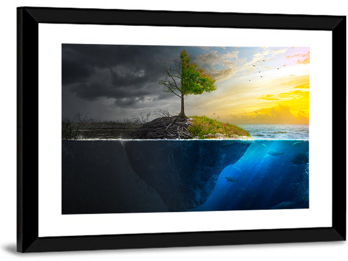 Split Island Tree of Duality Wall Art as a framed print