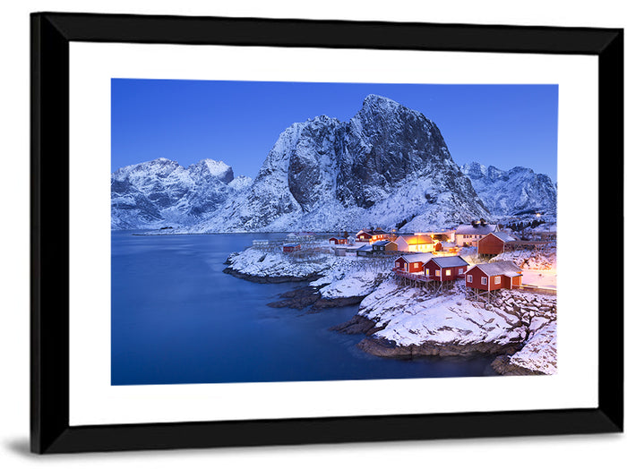 Hamnøy Red Cabins at Winter Dusk Wall Art as a framed print