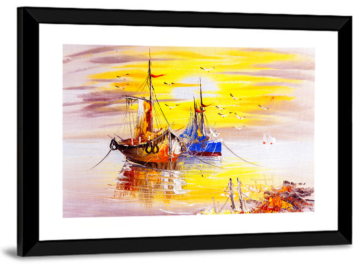 Golden Sunset Sailing Boats Wall Art as a framed print