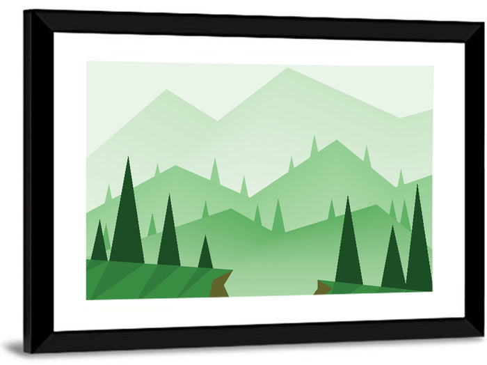 Misty Green Hills Illustration Wall Art as a framed print