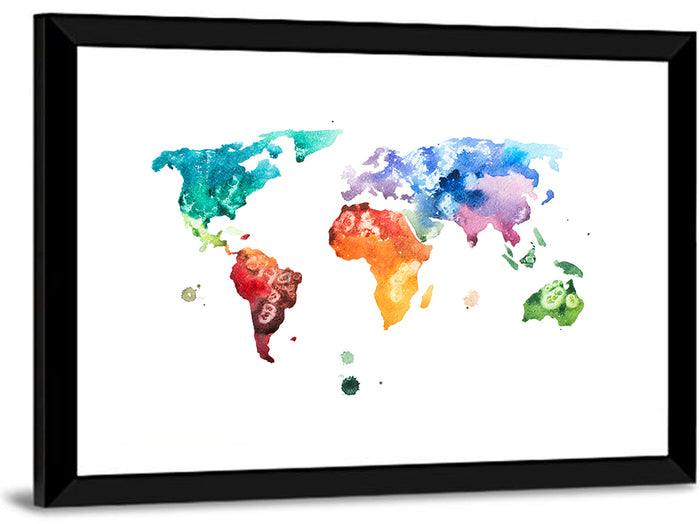 Multicolor Watercolor World Map Wall Art as a framed print