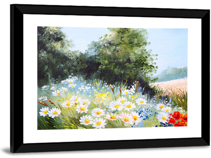 Sunny Daisy Meadow with Red Poppies Wall Art as a framed print