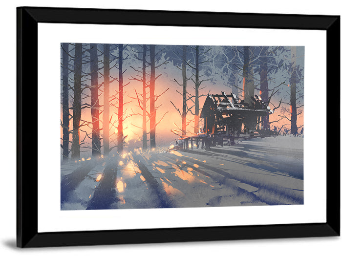 Snowy Forest Cabin at Sunset Wall Art as a framed print