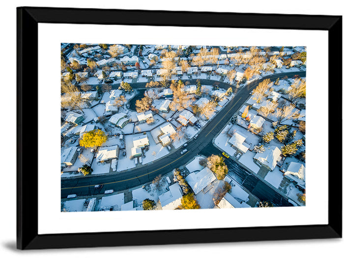 Snowy Fort Collins Neighborhood Aerial Wall Art as a framed print