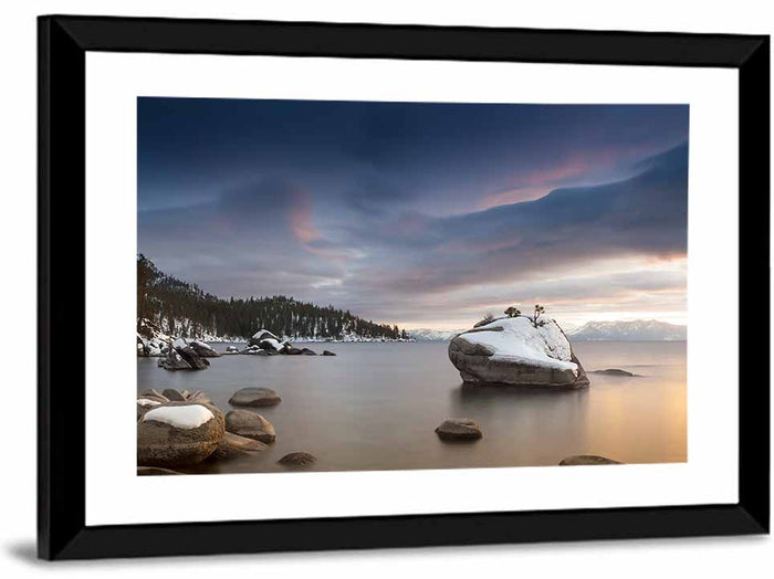 Bonsai Rock Winter Sunset Wall Art as a framed print