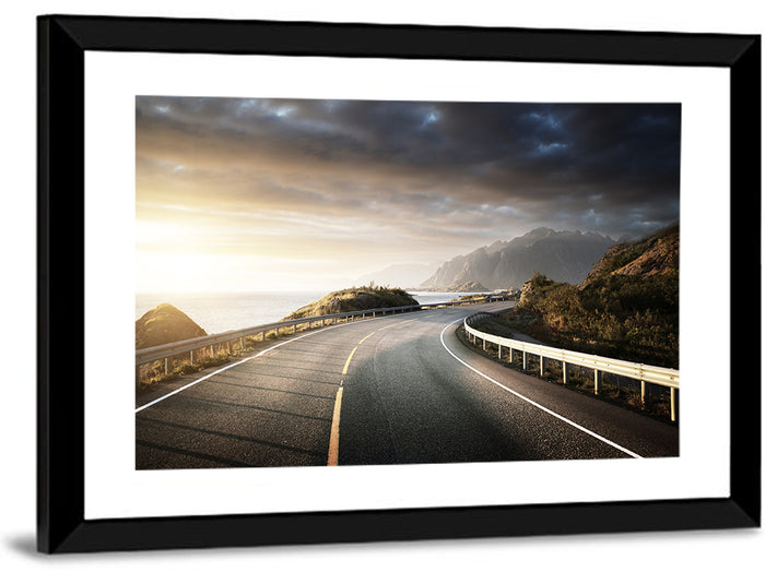 Golden Sunrise Coastal Road Wall Art as a framed print