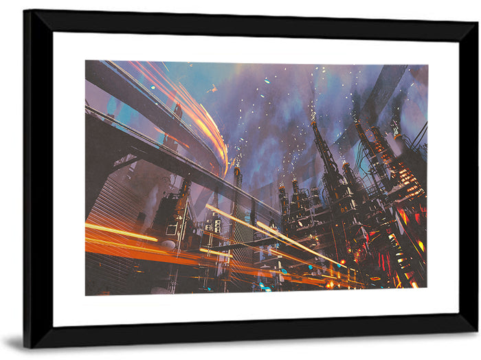 Futuristic Industrial Cityscape Wall Art as a framed print