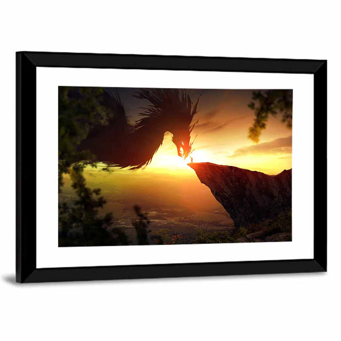 Man and Dragon at Sunset Wall Art as a framed print