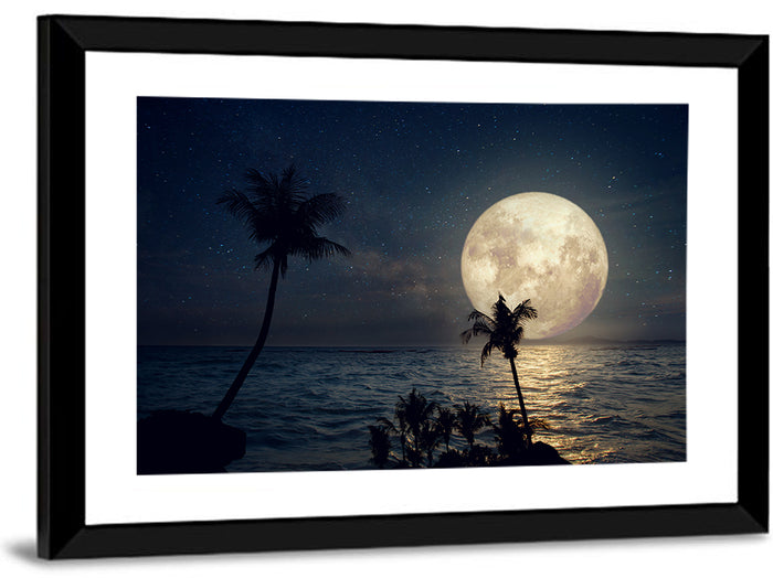 Supermoon Over Tropical Beach Wall Art as a framed print