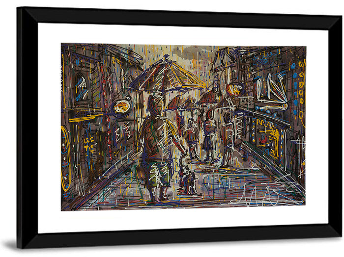 Rainy City Street Wall Art as a framed print