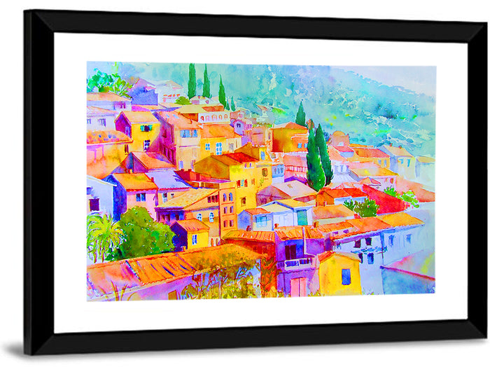 Mediterranean Hillside Watercolor Village Wall Art as a framed print