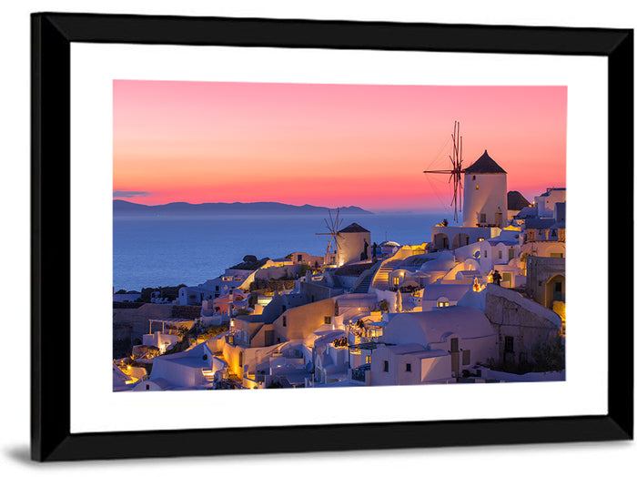 Oia Windmills at Dusk Wall Art as a framed print