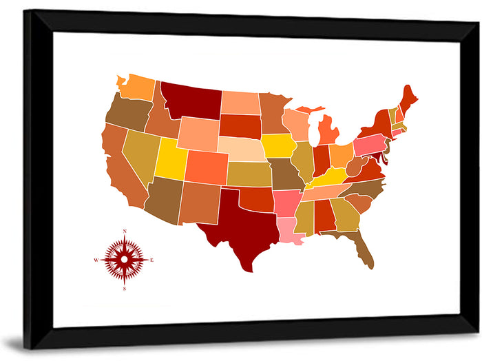 Stylized United States Map Wall Art as a framed print