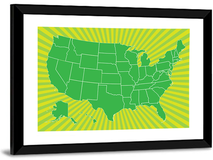 Green Sunburst USA Map Wall Art as a framed print