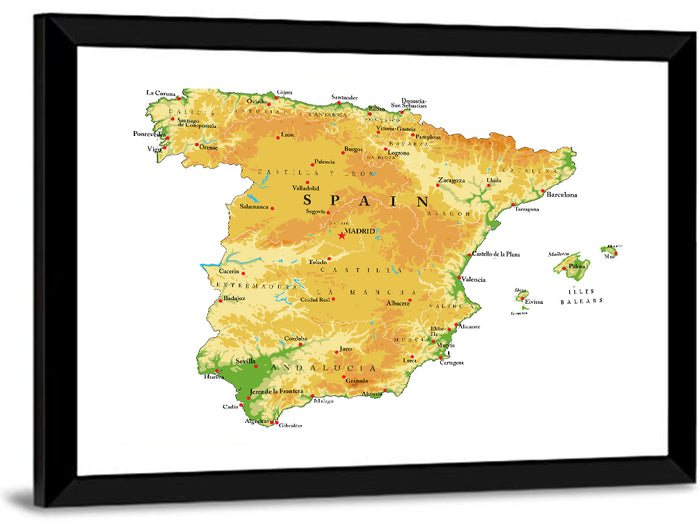 Spain Topographic Relief Map Wall Art as a framed print
