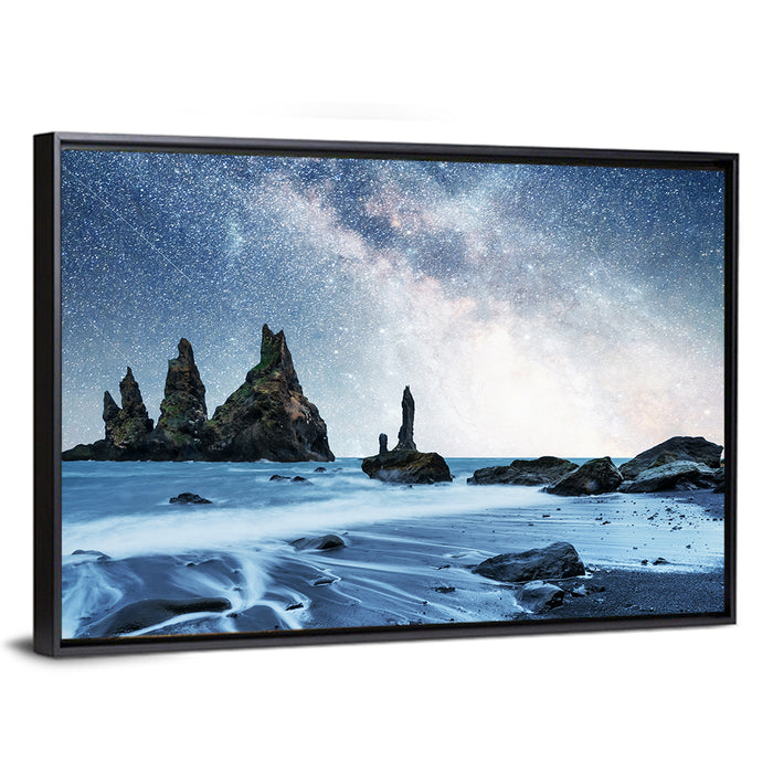 Reynisdrangar Sea Stacks Night Wall Art as a framed canvas