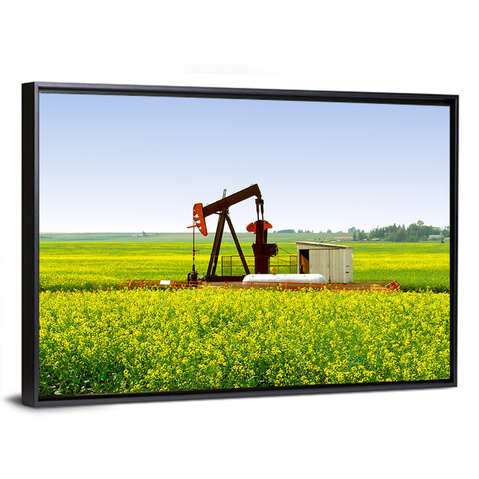 Rusty Pumpjack in Yellow Canola Field Wall Art as a framed canvas