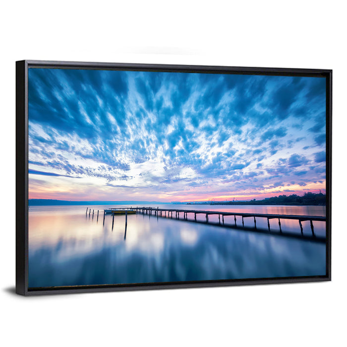 Cloudy Lake Pier at Dusk Wall Art as a framed canvas