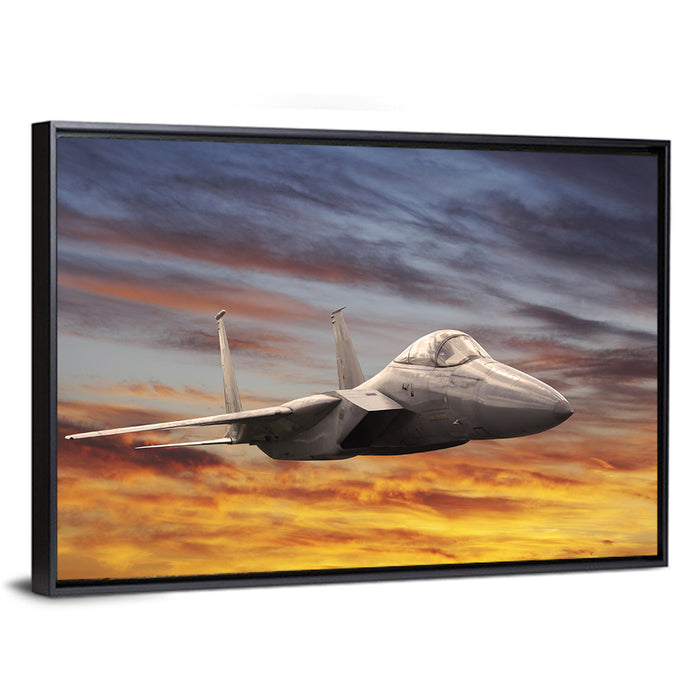 Sunset Fighter Jet Wall Art as a framed canvas