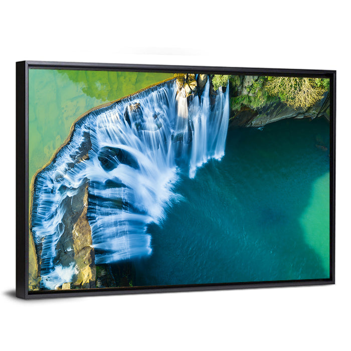 Shifen Waterfall Aerial Wall Art as a framed canvas