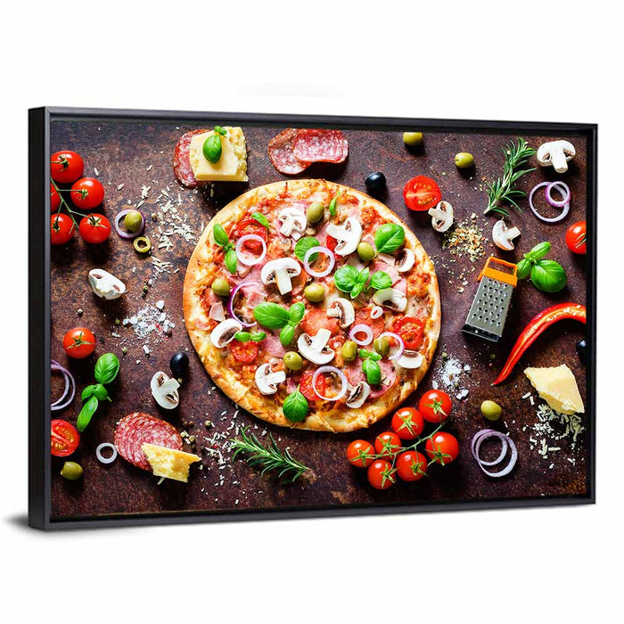 Rustic Italian Pizza Flat Lay Wall Art as a framed canvas