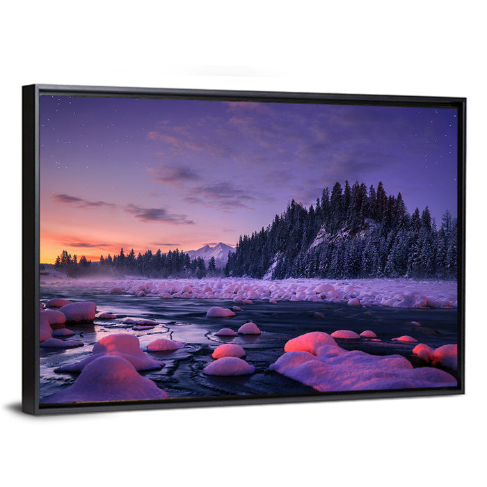 Twilight River and Snowy Pines Wall Art as a framed canvas