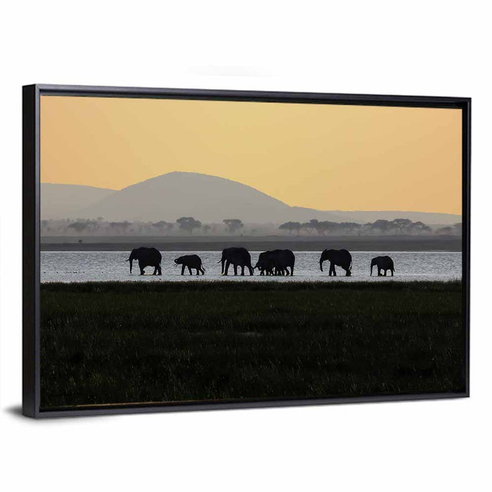 Amboseli Elephants at Golden Sunset Wall Art as a framed canvas