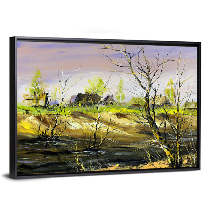 Riverside Summer Village Wall Art as a framed canvas