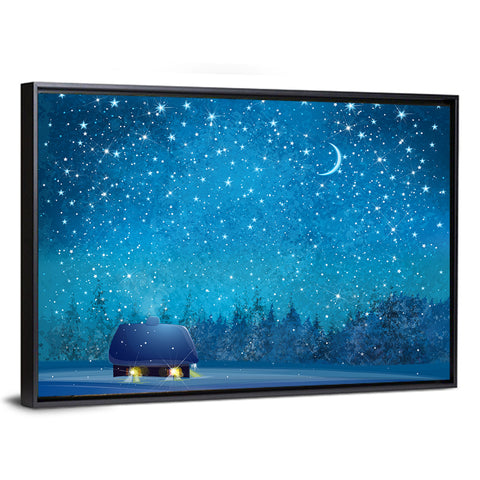 Winter Cottage Under Crescent Moon Wall Art