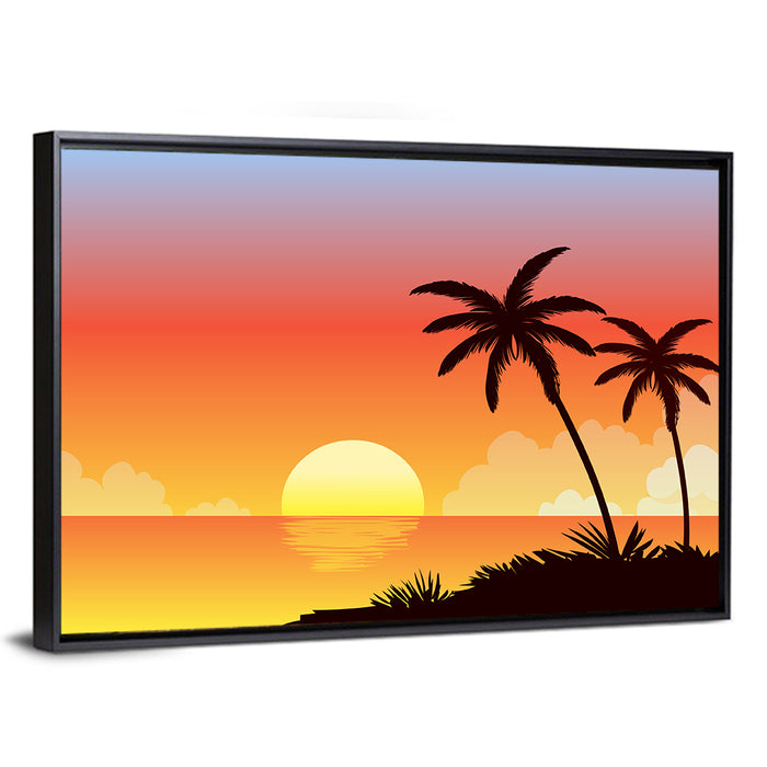 Tropical Beach Sunset Illustration Wall Art as a framed canvas