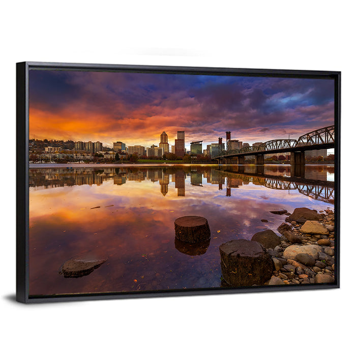 Portland Skyline at Sunset Wall Art as a framed canvas