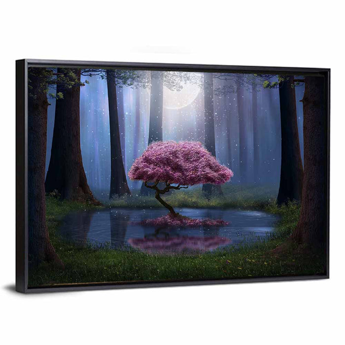 Moonlit Cherry Blossom Reflection Wall Art as a framed canvas