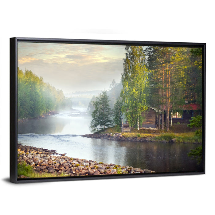 Misty River with Red Roof Cabin Wall Art as a framed canvas