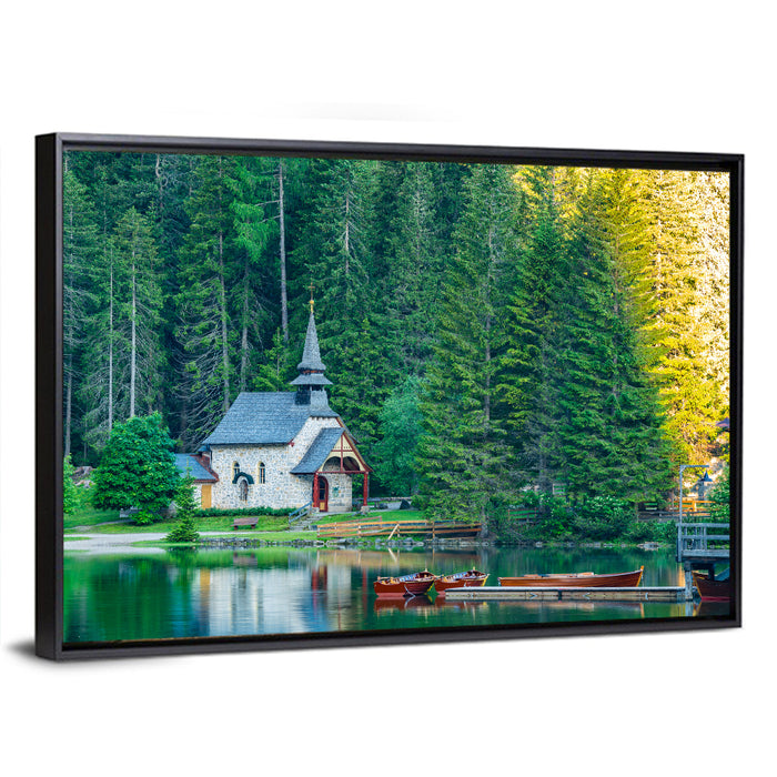 Lago Di Braies Chapel Reflection Wall Art as a framed canvas