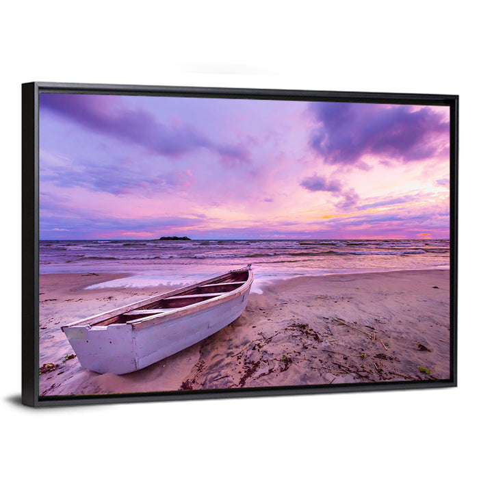 Boat at Lake Malawi Sunset Wall Art as a framed canvas