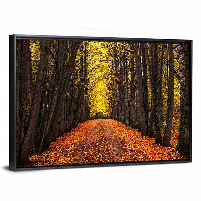 Autumn Park Path Under Yellow Canopy Wall Art as a framed canvas