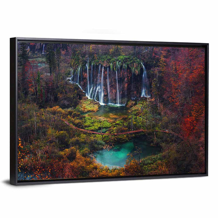 Plitvice Lakes Autumn Waterfalls Wall Art as a framed canvas