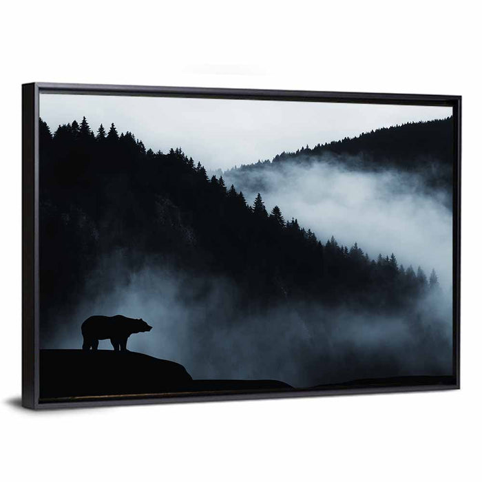 Bear Silhouette on Misty Cliff Wall Art as a framed canvas