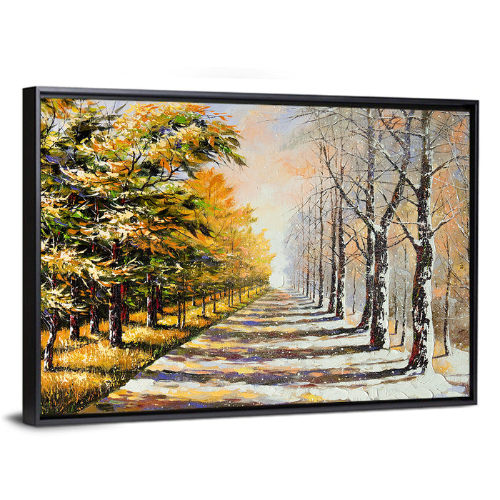 Autumn to Winter Forest Path Wall Art as a framed canvas